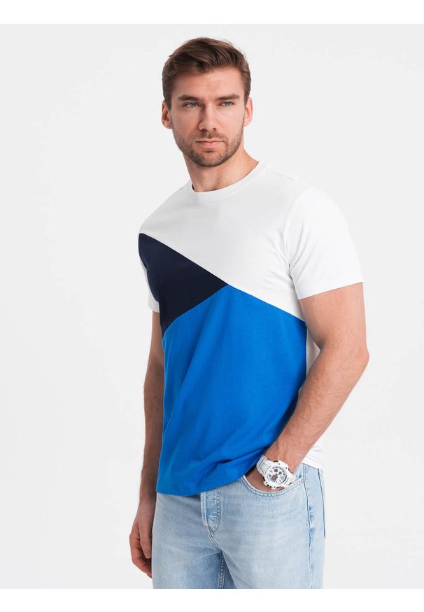 Ombre Clothing - T-shirt męski trójkolorowy bawełniany - biało-niebieski V4 OM-TSCT-0174 - XXL. Okazja: na co dzień. Kolor: niebieski. Materiał: bawełna. Wzór: geometria. Styl: klasyczny, casual