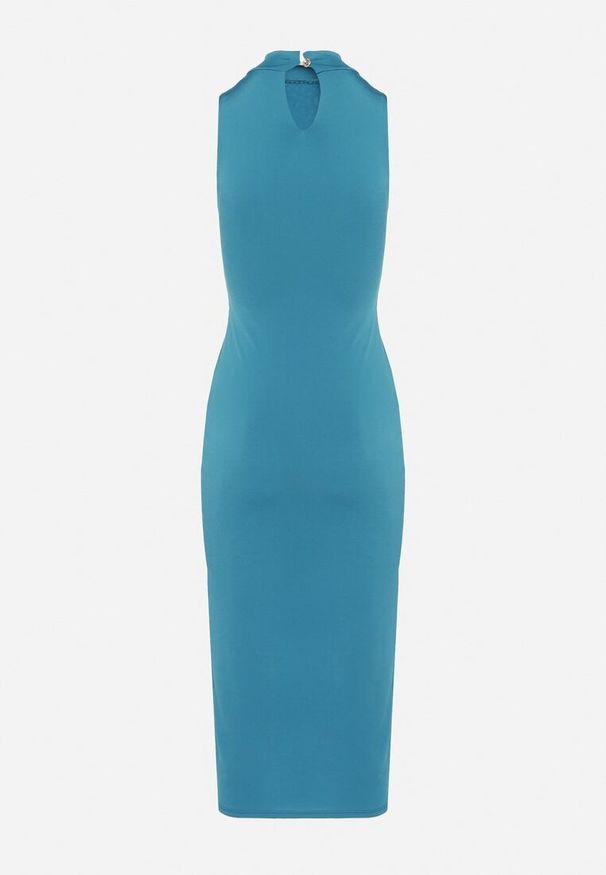 Born2be - Niebieska Sukienka z Półgolfem z Rozcięciem na Przodzie Aelwyn. Okazja: na imprezę, na co dzień. Kolor: niebieski. Materiał: skóra. Długość rękawa: krótki rękaw. Styl: casual