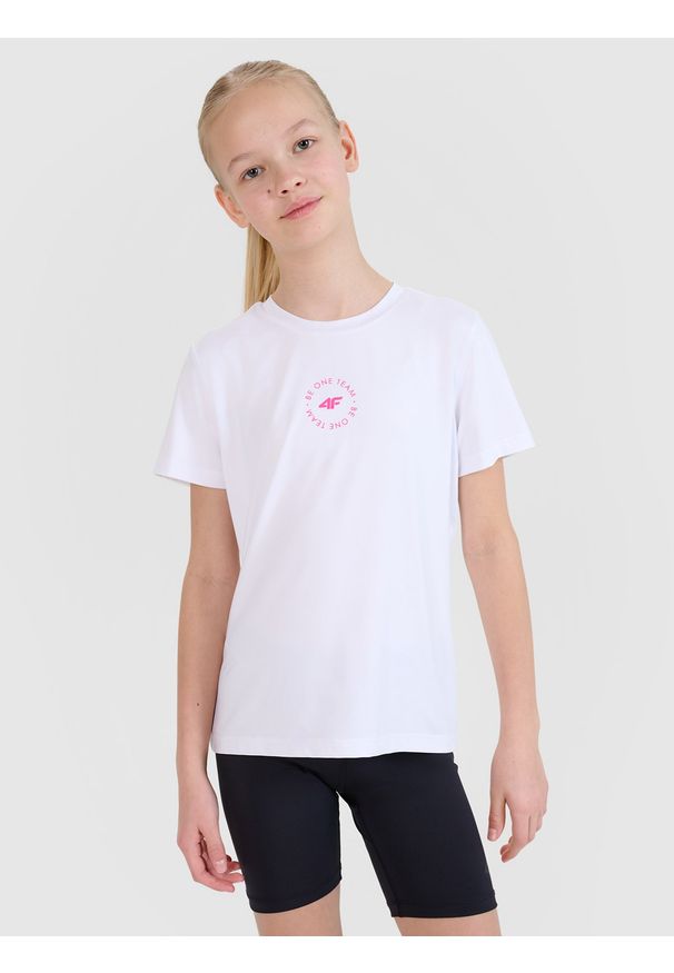 4f - 4F T-shirt sportowy regular gładki dziewczęcy - biały 146/152 (10-12 lat). Kolor: biały. Wzór: gładki. Sezon: lato. Styl: sportowy