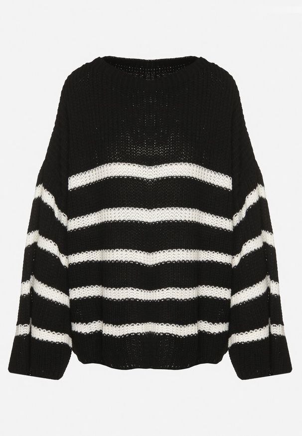 Born2be - Czarny Dzianinowy Sweter z Długimi Szerokimi Rękawami w Pasy Samsoni. Kolor: czarny. Materiał: dzianina. Długość: długie