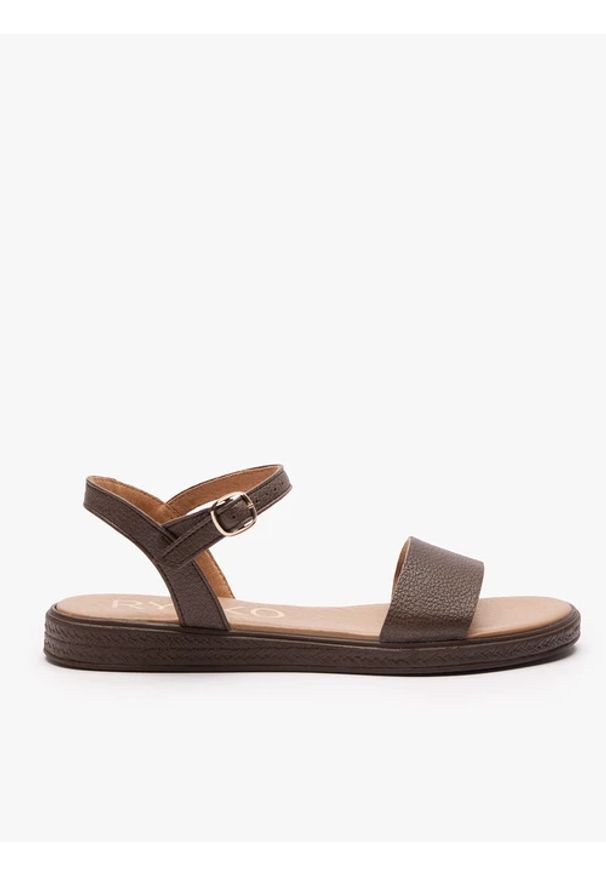 Ryłko - Ciemnobrązowe płaskie sandały. Okazja: na co dzień. Nosek buta: okrągły. Zapięcie: sprzączka. Kolor: brązowy. Materiał: syntetyk. Sezon: wiosna, lato. Styl: casual, elegancki