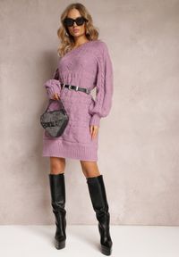 Renee - Ciemnofioletowy Długi Sweter Oversize z Wypukłym Splotem All Over Somet. Kolor: fioletowy. Długość: długie. Wzór: ze splotem. Sezon: jesień, zima #5