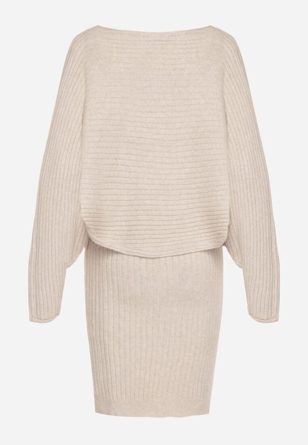 Born2be - Ciemnobeżowy Dzianinowy Komplet Prążkowany Sukienka i Sweter o Kroju Nietoperz Wederela. Kolor: beżowy. Materiał: prążkowany, dzianina