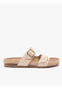 Ryłko - Beżowe klapki z dwoma paskami. Okazja: na co dzień. Nosek buta: okrągły. Kolor: beżowy. Materiał: skóra. Wzór: paski. Sezon: lato. Styl: casual, street, elegancki #1