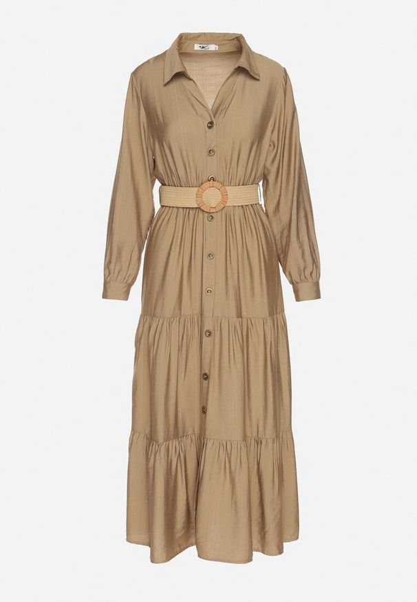 Born2be - Ciemnobeżowa Sukienka Koszulowa z Wiskozy z Elastycznym Paskiem z Klamrą Felucia. Okazja: na co dzień, na spacer. Typ kołnierza: dekolt w kształcie V. Kolor: beżowy. Materiał: wiskoza. Długość rękawa: długi rękaw. Typ sukienki: koszulowe. Styl: casual, elegancki, klasyczny