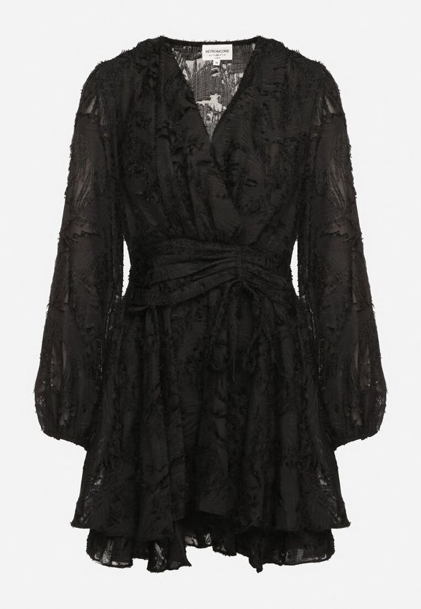 Born2be - Czarna Sukienka z Ozdobnymi Niteczkami i Marszczeniem Forenamia. Okazja: na co dzień. Kolor: czarny. Wzór: aplikacja. Typ sukienki: kopertowe. Styl: casual