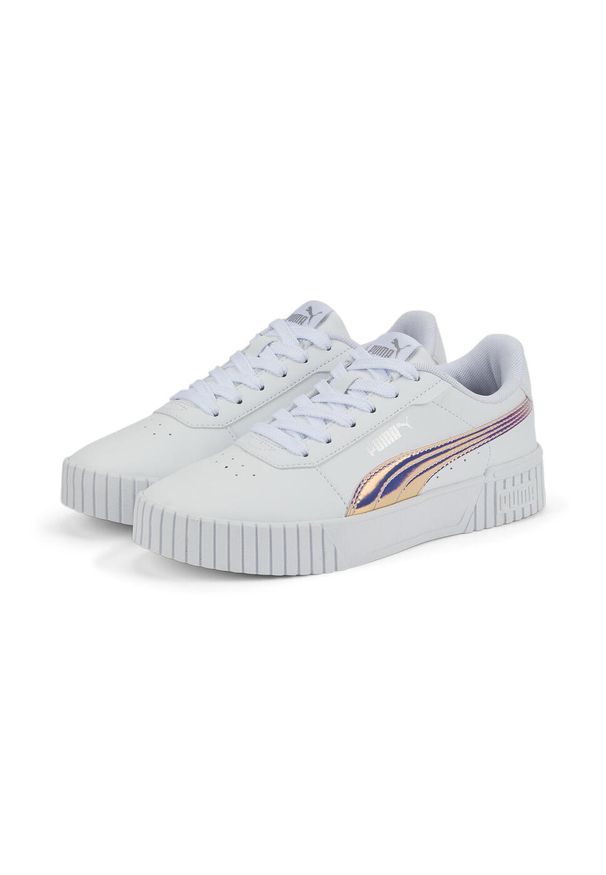 Buty do chodzenia damskie Puma Carina 2.0. Zapięcie: sznurówki. Kolor: biały, wielokolorowy, szary. Materiał: guma. Szerokość cholewki: normalna. Sport: turystyka piesza