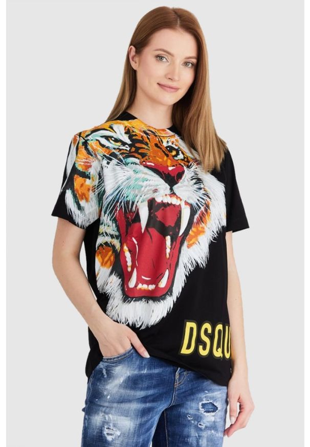 DSQUARED2 Czarny t-shirt damski z tygrysem, Rozmiar S. Kolor: czarny. Materiał: prążkowany, bawełna. Wzór: nadruk