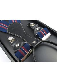 Modini - Granatowe szelki męskie z czerwonymi paskami SZ38. Kolor: wielokolorowy, czerwony, niebieski. Materiał: skóra, guma #1