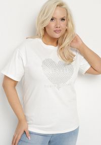 Born2be - Biały Bawełniany T-shirt z Ozdobnym Nadrukiem i Napisem Ilenira. Kolekcja: plus size. Kolor: biały. Materiał: bawełna. Wzór: napisy, nadruk #7