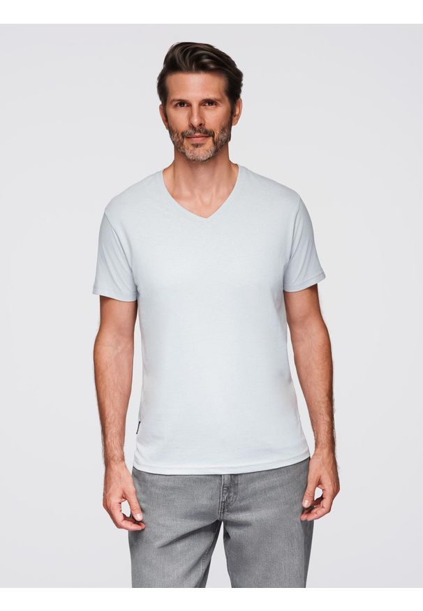 Ombre Clothing - Klasyczna męska bawełniana koszulka z dekoltem w serek BASIC – jasnoszara V23 - Rozmiar: XXL. Typ kołnierza: dekolt w serek. Kolor: szary. Materiał: bawełna. Styl: klasyczny