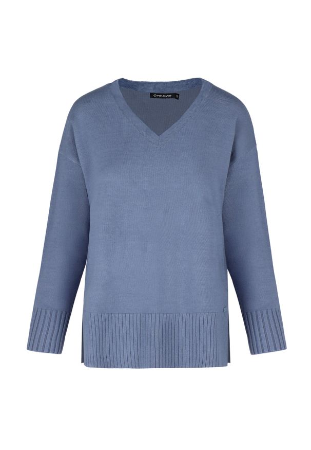 Volcano - Ciepły sweter z dekoltem w serek S-NOVA. Okazja: na co dzień. Typ kołnierza: dekolt w serek. Materiał: jeans, wiskoza, prążkowany, materiał. Długość: długie. Styl: klasyczny, casual, elegancki
