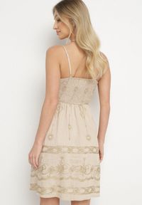 Born2be - Beżowa Sukienka Boho z Wiskozy na Ramiączkach Zdobiona Metalicznym Haftem Saleriela. Okazja: na spacer, na co dzień. Kolor: beżowy. Materiał: wiskoza. Długość rękawa: na ramiączkach. Wzór: haft, aplikacja. Typ sukienki: rozkloszowane. Styl: boho #4