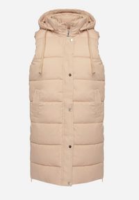 Born2be - Ciemnobeżowa Pikowana Kamizelka z Kapturem i Sznurkami Zelothis. Typ kołnierza: kaptur. Kolor: beżowy. Materiał: dzianina, jeans. Długość: długie. Sezon: jesień. Styl: klasyczny, elegancki #6