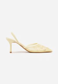 Renee - Żółte Szpilki VICES Slingback z Noskami w Szpic Ozdobionymi Haftem i Koralikami Laraidina. Zapięcie: pasek. Kolor: żółty. Materiał: satyna. Wzór: aplikacja, haft. Obcas: na szpilce #3