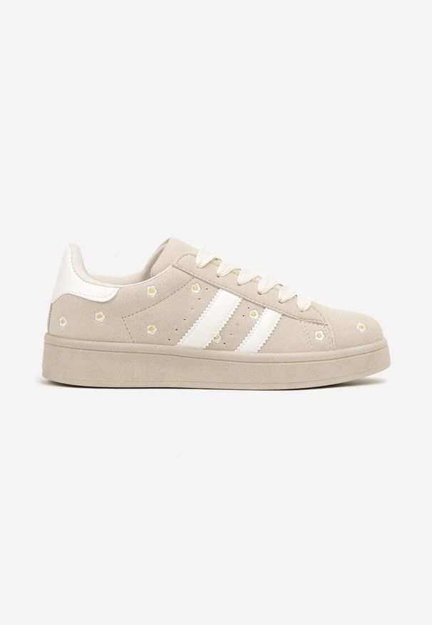 Renee - Beżowe Sneakersy Ozdobione Haftowanymi Kwiatami i Paskami Malirelle. Okazja: na co dzień. Zapięcie: pasek. Kolor: beżowy. Materiał: jeans. Wzór: aplikacja, kwiaty, haft. Obcas: na obcasie. Wysokość obcasa: niski