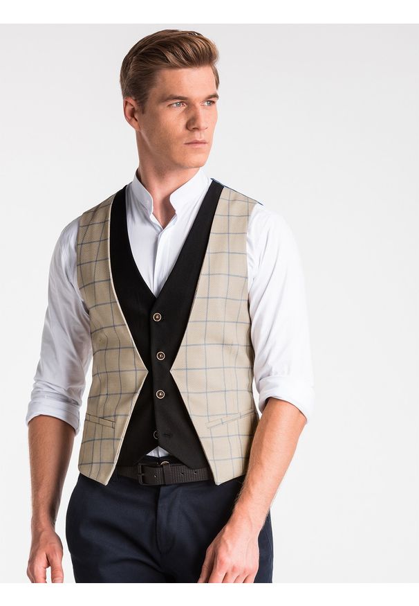 Brązowa kamizelka Ombre Clothing gładkie, klasyczna, z dekoltem w serek