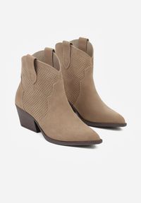 Born2be - Ciemnobeżowe Botki Kowbojki na Stożkowym Obcasie Elinyra. Okazja: na co dzień. Kolor: beżowy. Materiał: jeans. Obcas: na obcasie. Styl: casual, elegancki. Wysokość obcasa: średni #6