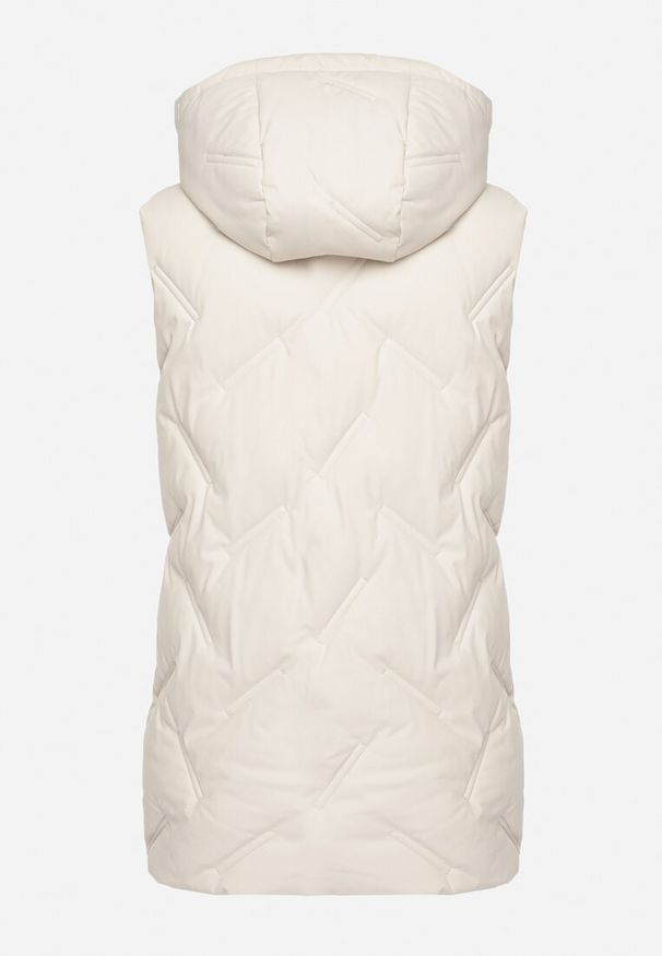 Born2be - Biała Przejściowa Kamizelka z Pikowanymi Przeszyciami i Kapturem Fesolira. Okazja: na co dzień. Kolekcja: plus size. Kolor: biały. Materiał: jeans. Styl: casual, sportowy