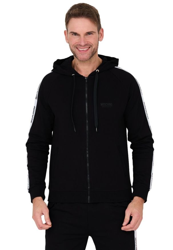 MOSCHINO Czarna męska bluza z kapturem i lampasami, Rozmiar M. Typ kołnierza: kaptur. Kolor: czarny