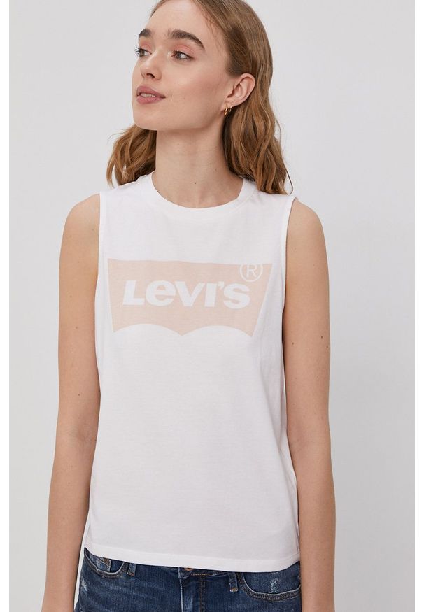 Levi's® - Levi's Top damski kolor biały. Okazja: na spotkanie biznesowe, na co dzień. Kolor: biały. Materiał: bawełna, dzianina. Wzór: nadruk. Styl: biznesowy, casual