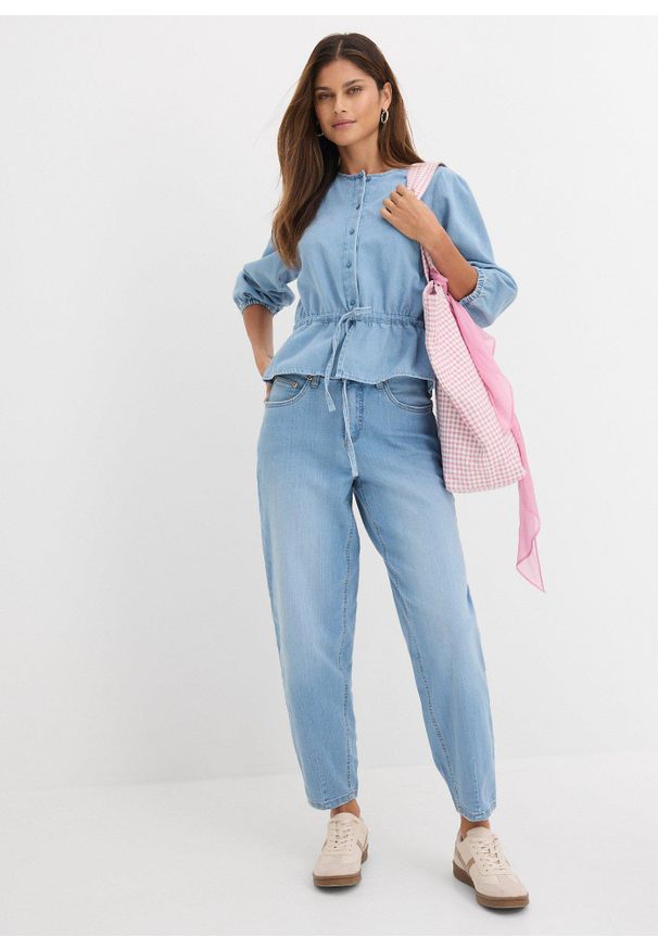 bonprix - Dżinsy Barrel, high waist, cropped. Stan: podwyższony. Kolor: niebieski