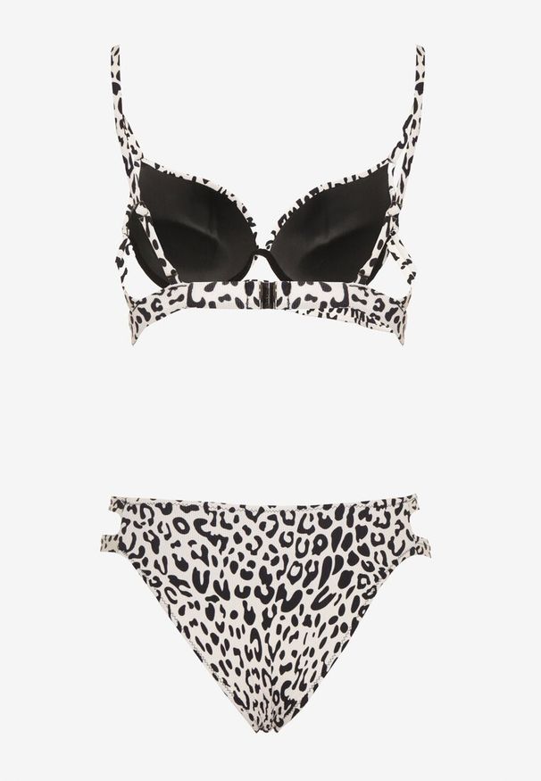 Renee - Jasnobeżowe Bikini w Panterkowy Wzór Biustonosz i Majtki Figi Zdobione Wycięciami Savrienne. Kolor: beżowy. Wzór: aplikacja