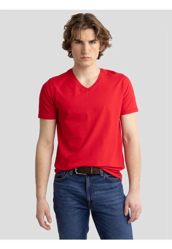 Big-Star - Koszulka męska v-neck czerwona Irtos 603. Kolor: czerwony. Materiał: dzianina. Wzór: aplikacja. Styl: sportowy