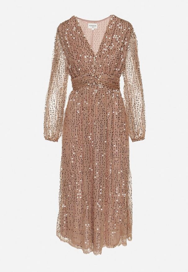 Born2be - Złota Sukienka Siateczkowa o Kopertowym Kroju Zdobiona Cekinami Boniga. Typ kołnierza: dekolt w kształcie V. Kolor: złoty. Wzór: aplikacja. Typ sukienki: kopertowe. Styl: klasyczny, wizytowy