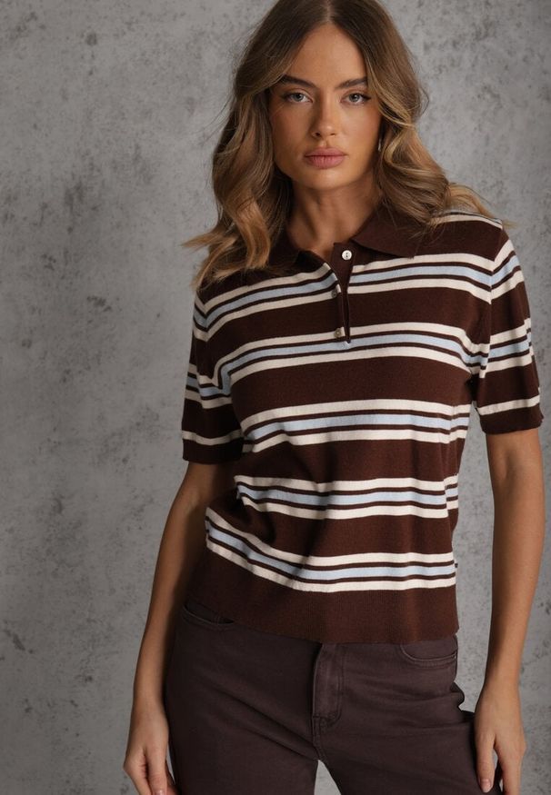 Renee - Brązowy T-shirt Polo z Wiskozą w Paski z Guzikami Vevevia. Okazja: na co dzień. Typ kołnierza: polo. Kolor: brązowy. Materiał: wiskoza. Wzór: paski. Styl: casual, sportowy