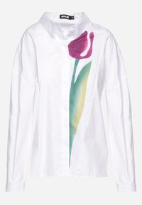 Born2be - Biała Koszula z Nadrukiem Tulipana z Bawełny Aelirava. Okazja: na co dzień. Kolor: biały. Materiał: bawełna. Wzór: nadruk. Styl: klasyczny, casual, boho #5