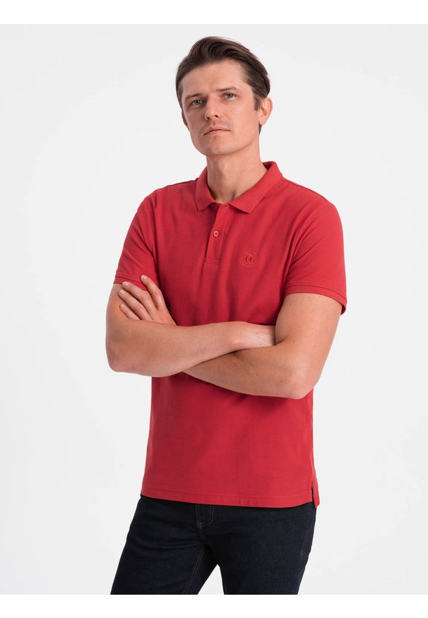 Ombre Clothing - Koszulka męska polo z dzianiny pique - ciemnoczerwony V14 - Rozmiar: L. Typ kołnierza: polo. Kolor: czerwony. Materiał: dzianina. Wzór: haft. Styl: klasyczny