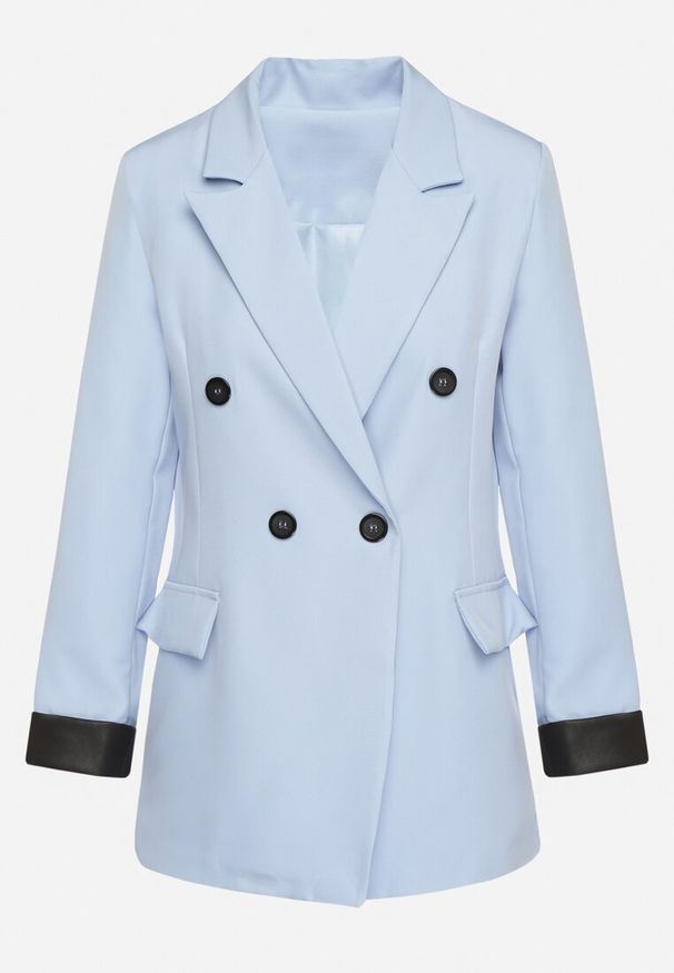 Born2be - Niebieska Marynarka Dwurzędowa z Ozdobnym Klapami Lorhiris. Okazja: na co dzień. Kolor: niebieski. Materiał: jeans. Styl: klasyczny, casual