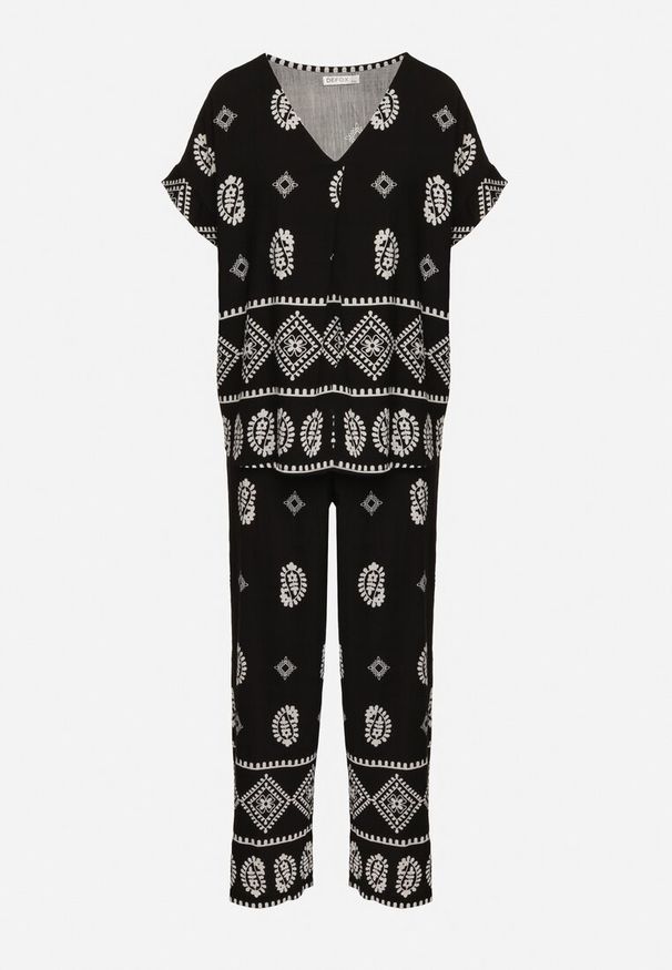 Born2be - Czarny Bawełniany Komplet Koszula i Szerokie Spodnie w Stylu Boho Ollirive. Kolor: czarny. Materiał: bawełna. Wzór: aplikacja