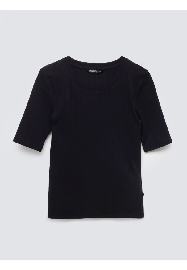 Big-Star - Koszulka damska w prążek czarna Imija 906. Okazja: na co dzień. Kolor: czarny. Materiał: prążkowany, dzianina. Długość rękawa: krótki rękaw. Wzór: prążki. Styl: casual