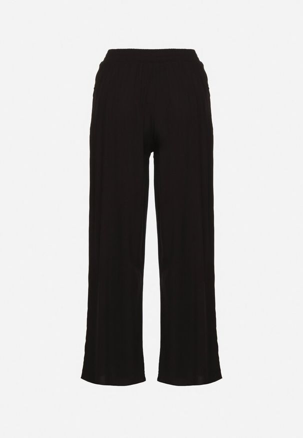 Born2be - Czarne Wiskozowe Szerokie Spodnie z Wysokim Stanem Ozdobione Wiązaniem Lisozi. Okazja: na co dzień. Stan: podwyższony. Kolor: czarny. Materiał: wiskoza. Wzór: aplikacja. Styl: casual, elegancki