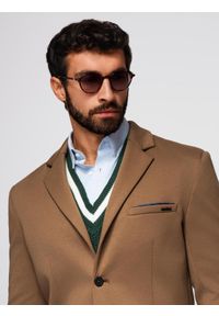 Ombre Clothing - Dzianinowa męska marynarka o dopasowany kroju - jasnobrązowa V4 - Rozmiar: XL. Okazja: na spotkanie biznesowe, do pracy, na co dzień. Kolor: brązowy. Materiał: dzianina. Styl: klasyczny, biznesowy, casual, elegancki #7