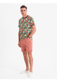 Ombre Clothing - Męskie jeansowe klasyczne szorty z podwiniętą nogawką – koralowe V6 - Rozmiar: L. Kolor: pomarańczowy. Materiał: jeans. Sezon: lato. Styl: klasyczny