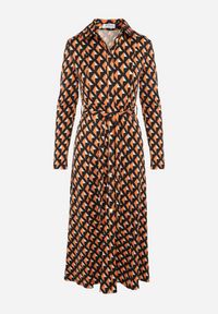 Born2be - Pomarańczowo-Czarna Sukienka Koszulowa Rozkloszowana Senecio. Okazja: na co dzień, na spotkanie biznesowe, na randkę, do pracy. Kolor: pomarańczowy. Materiał: dzianina, materiał. Wzór: geometria. Typ sukienki: koszulowe. Styl: casual, biznesowy, elegancki. Długość: midi #5