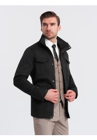 Ombre Clothing - Lekka kurtka męska z wysokim kołnierzem i kieszeniami – czarna V1 - Rozmiar: M. Okazja: na co dzień. Typ kołnierza: kołnierzyk stójkowy. Kolor: czarny. Materiał: syntetyk, materiał. Wzór: aplikacja. Styl: casual, klasyczny #1