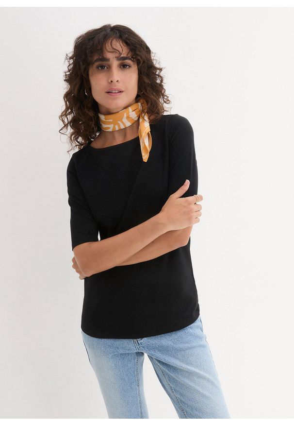 bonprix - T-shirt z dekoltem w łódkę. Kolor: czarny. Materiał: bawełna. Długość rękawa: krótki rękaw. Długość: krótkie. Wzór: gładki. Styl: sportowy