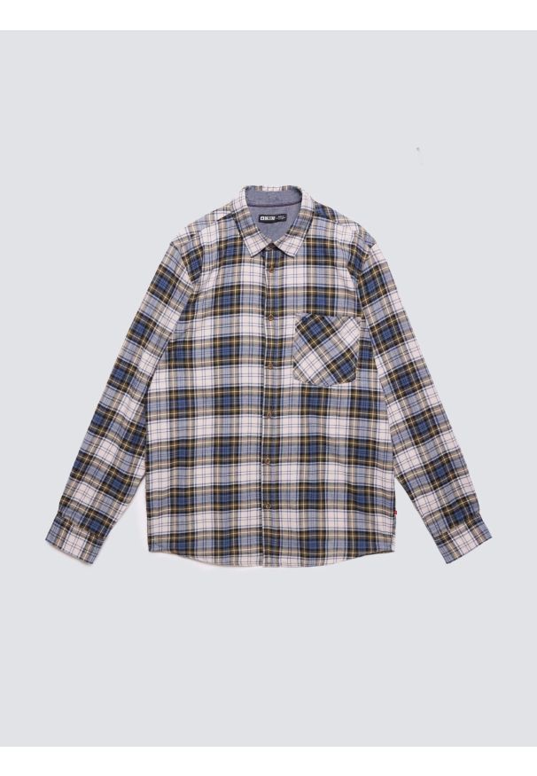 Big-Star - Koszula męska flanelowa w kratę niebiesko-beżowa Koner 401. Typ kołnierza: kołnierzyk klasyczny. Kolor: niebieski. Materiał: jeans, tkanina. Wzór: haft, aplikacja, kratka. Styl: klasyczny