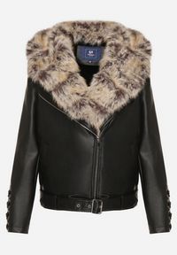 Born2be - Czarna Kurtka Ramoneska z Odpinanym Kapturem i Futrem Aplonna. Kolor: czarny. Materiał: futro. Sezon: zima, jesień. Styl: klasyczny #3