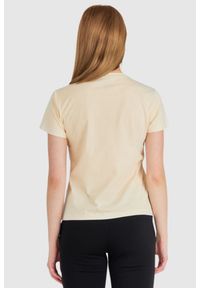 Pinko - PINKO Beżowy t-shirt damski z logo z cekinów, Rozmiar L. Kolor: beżowy. Materiał: prążkowany
