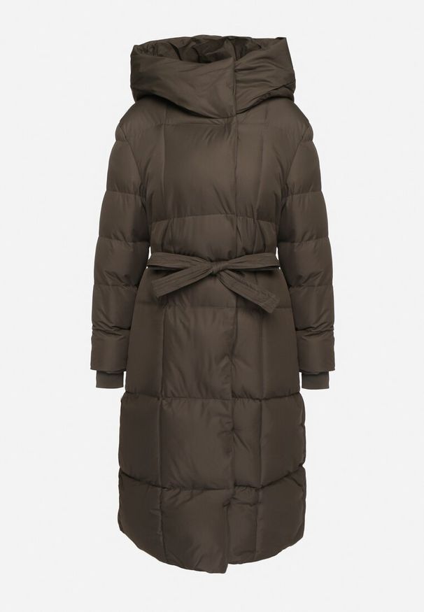 Born2be - Ciemnozielona Długa Kurtka Pikowana z Kapturem i Wysokim Kołnierzem Wiązana w Talii Zevrira. Okazja: na co dzień. Typ kołnierza: kaptur. Kolor: zielony. Materiał: jeans, materiał. Długość: długie. Styl: klasyczny, casual, elegancki, sportowy