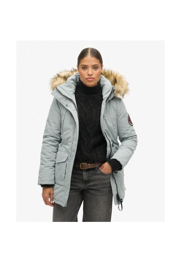 Superdry - Parka z kapturem z futerka sztucznego Everest. Typ kołnierza: kaptur. Kolor: szary. Materiał: futro. Długość rękawa: długi rękaw. Styl: elegancki