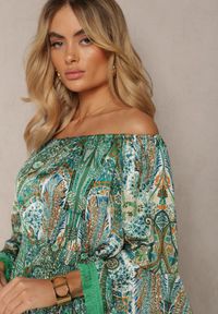 Renee - Zielona Rozkloszowana Sukienka w Print Paisley z Frędzelkami i Hiszpańskim Dekoltem Jotalle. Okazja: na imprezę. Kolor: zielony. Długość rękawa: długi rękaw. Wzór: paisley, nadruk. Styl: wizytowy, elegancki #4