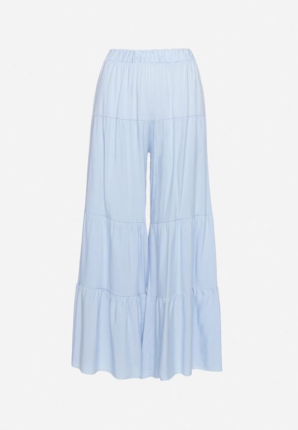 Born2be - Jasnoniebieskie Szerokie Spodnie z Wiskozy z Gumką w Talii Ozdobione Falbanką Dimlea. Okazja: na co dzień. Kolor: niebieski. Materiał: wiskoza. Wzór: aplikacja. Styl: casual