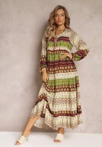 Renee - Zielono-Beżowa Rozkloszowana Sukienka Boho z Wiązaniem Przy Dekolcie Haema. Kolor: zielony. Sezon: lato, wiosna. Styl: boho. Długość: maxi #1