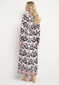 Born2be - Beżowo-Czarna Sukienka o Pudełkowym Fasonie z Satyny w Ornamentalny Print Alerosa. Okazja: na co dzień. Kolor: beżowy. Materiał: satyna. Wzór: nadruk. Styl: casual, elegancki #6
